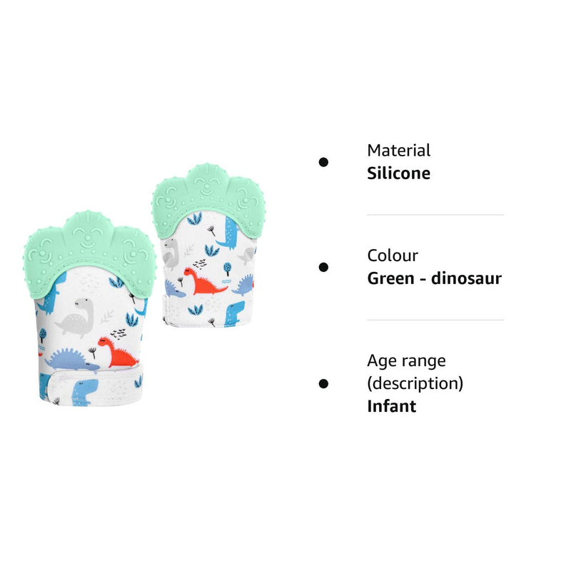 [Australia] - 2Pack Silicone Teething Mitt, Soothing Infant Teething Mitten Pain Relief, Prevent Scratches Glove, Safe Silicone Teething Toys for 0-12 Months green dinosaur 