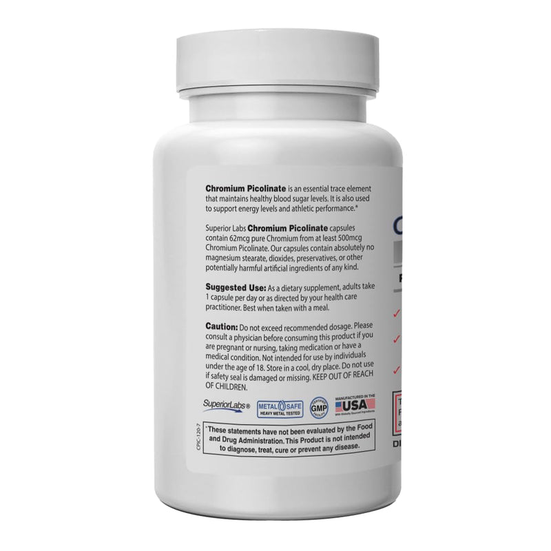 [Australia] - Superior Labs Chromium Picolinate 500mcg, High Absorption, Non-GMO, Blood Sugar & Metabolism Support, Weight and Food Craving Management, Helps Energy & Insulin Sensitivity, 120 Veg Caps 