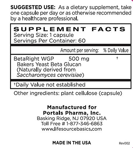 Life Source Basics Immune System Support Activator - High Purity Beta 1,3/1,6 Glucan - Immunity and Vitamin Supplement Non-GMO & Vegan Friendly for Men & Women, Gluten-Free 500 mg - 60 Capsules