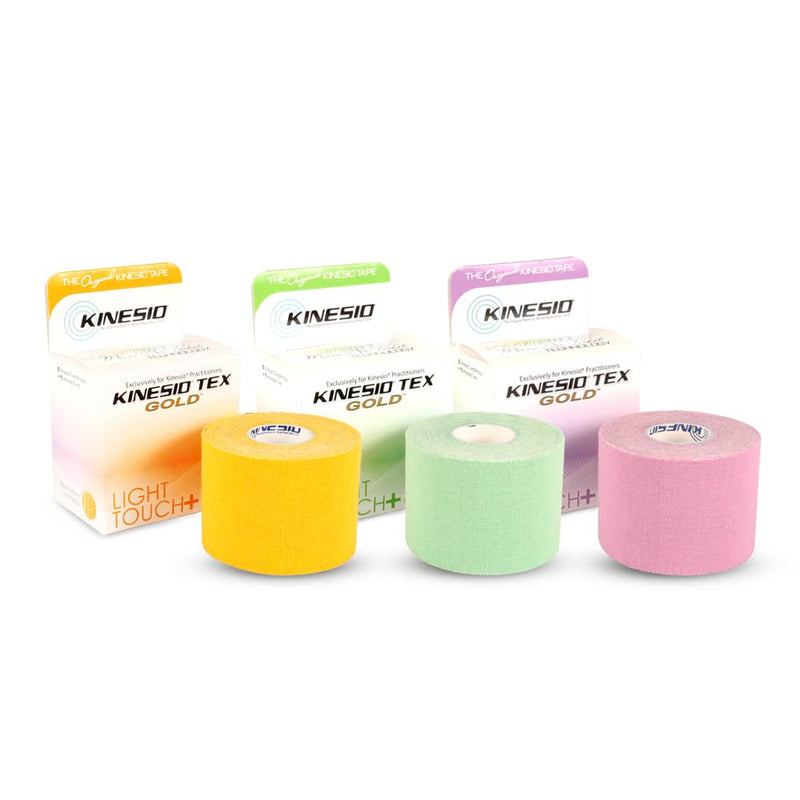 Kinesio Taping - Elastic Therapeutic Athletic Tape Tex Gold Light Touch Bundle - Fuji Purple, Take Green & Himawari Yellow – 2 in. x 16.4 ft - 3 Rolls