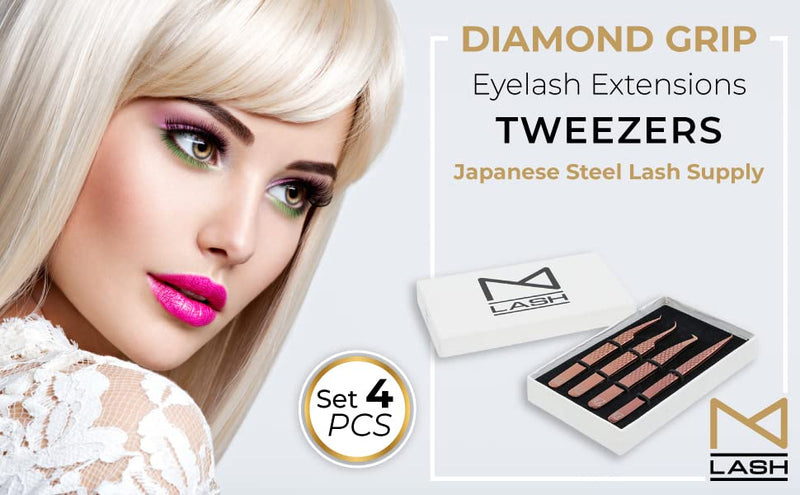 M LASH Tweezers for Eyelash Extensions (Set of 4) - Professional Lash Extension Tweezers - Fiber Tip, Japanese Steel, Diamond Grip Eyelash Extension Tweezer (Gold) Gold