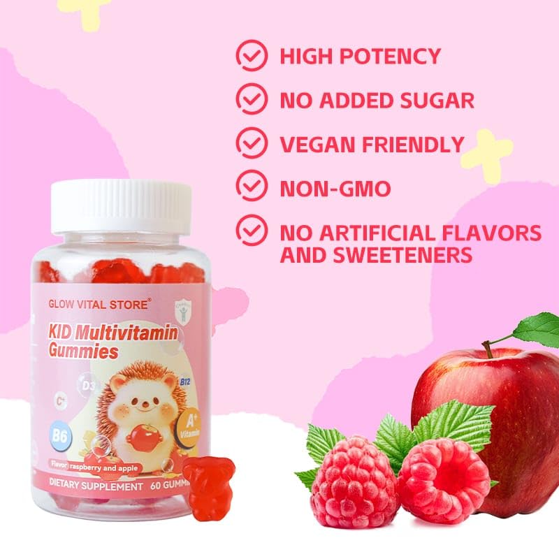 Kids Multivitamin Gummies – Vitamins A, C, D3, B6, B12 for Immune & Brain Support – Raspberry & Apple Flavor – Vegan, Non-GMO, Gluten-Free – 60 Gummies – Glow Vital Store (1) 1