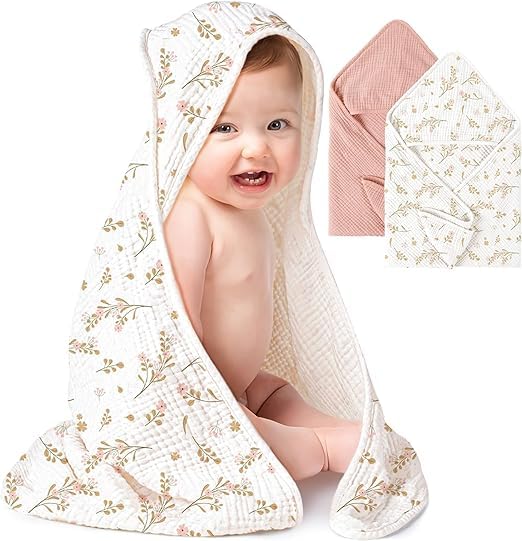 Konssy 2 Pack Muslin Hooded Baby Towels for Newborn Soft 100% Cotton Baby Bath Towel with Hood for Baby, Infant Ultra Absorbent, Baby Stuff Baby Bath Shower Gifts (Pink, Floral,30" x 30") Pink, Floral