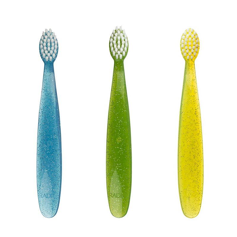 RADIUS Children's Toothbrush, Totz Brush, Extra Soft Bristles, Blue/Green/Yellow, BPA Free & ADA Accepted, Designed for Delicate Teeth & Gums for Children 18 Months & Up, Pack of 3 3 Count (Pack of 1)