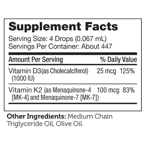 Zahler Vitamin D3 K2 Drops, Liquid D3 with K2, 1000IU of Vitamin D and 1000mcg of K2 per Serving, Supports Bone Density and Calcium Absoprtion, 1Fl Oz.