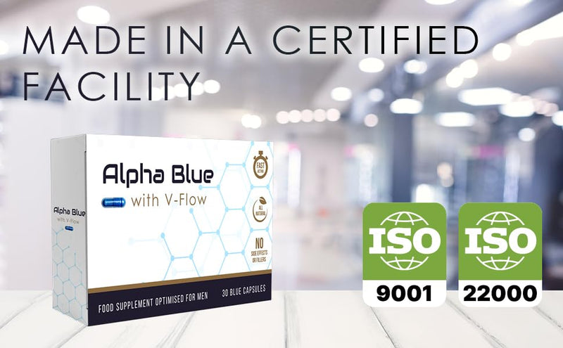 Alpha Blue with V Flow | Optimised for Men | 30 Capsules | Fast Acting | All Natural | No Side Effects or Fillers | Ginseng | Ashwagandha | Maca | Ginger | V Pill 30 count (Pack of 1)