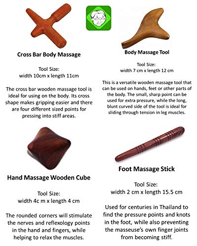 [Australia] - Lungcha 4 Types, 5 Piece Set Traditional Thai Massage Reflexology Wooden Stick Tool (Set of 4 Types Body Hand Foot Massage) 