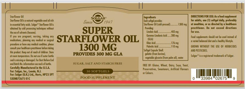 Solgar Super Starflower Oil 1300 mg Softgels - Pack of 30 - Rich in GLA (Gamma Linolenic Acid) - Supports Skin and Hormonal Balance 0.03 g (Pack of 30)