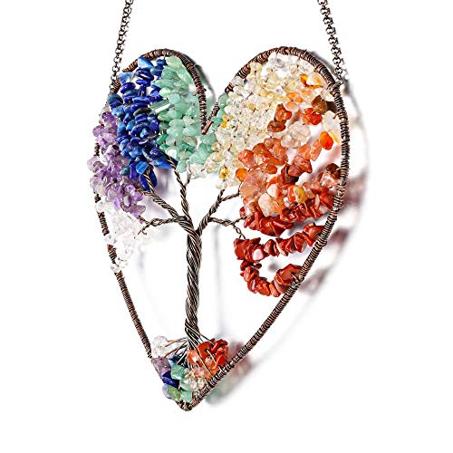 Jovivi Double Heart 7 Chakra Crystals Tree of Life Hanging Ornament Decor