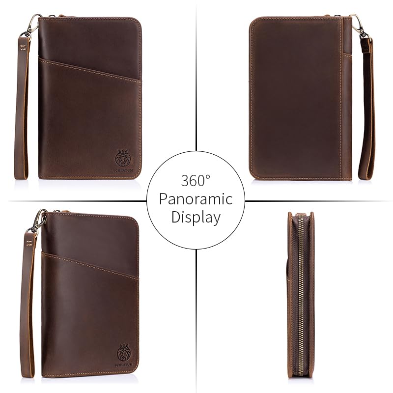 Passport Holder for Travel Family with Strap Genuine Leather RFID Blocking Travel Document Organizer Wallet with Pen Holder, Brown Large
