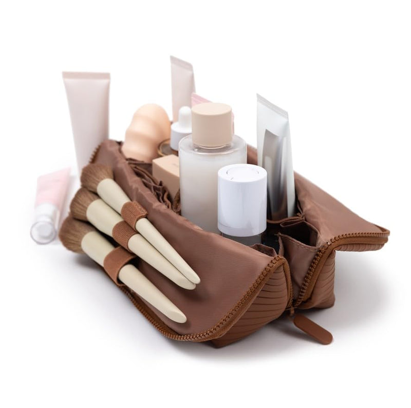 THE VERTI-Vertical Waterproof Makeup & Toiletry Bag | 23-Pocket Organizer with Upright, Fold-Down Design for Skincare, Toiletries & Essentials (Mahogany, Medium) Mahogany