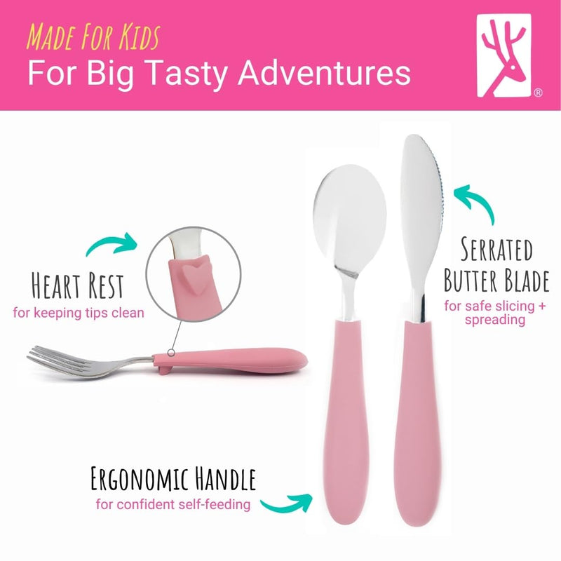 [Australia] - Elk and Friends Kids Silverware with Silicone Handle | Childrens Safe Flatware | Kids Utensils | Spoon + Fork + Knife set | 4 years+ | 6 Pieces Sage/MistyBlue 