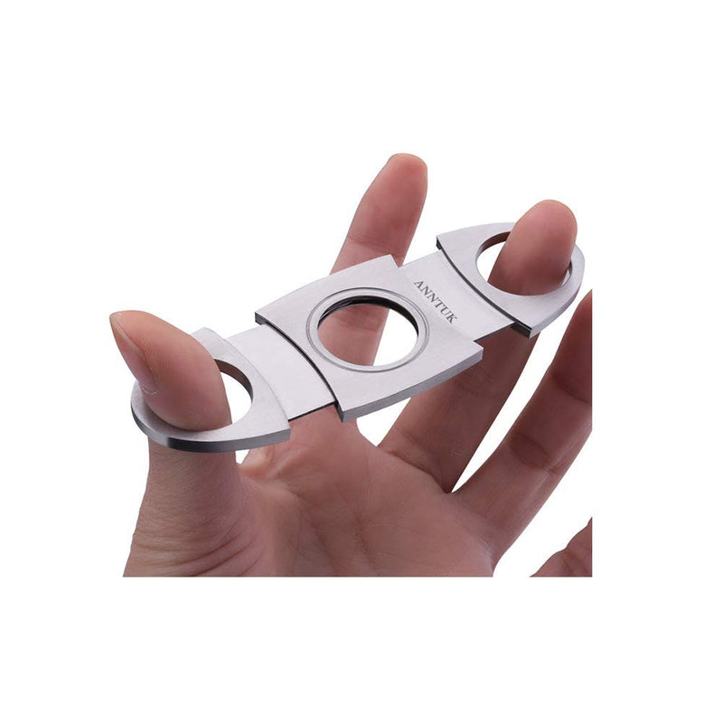 [Australia] - Cigar Cutter Stainless Steel Guillotine Double Cut Blade in Leather Pouch, Silver 