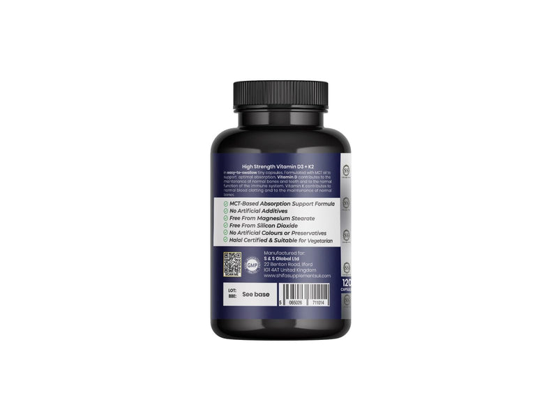 Vitamin D3 4000 IU + K2 100mcg with MCT Oil | 120 Tiny Capsules, Pure Formula, Excipient & Filler Free | Halal Certified, Vegetarian, Non GMO | Bones, Teeth & Immunity