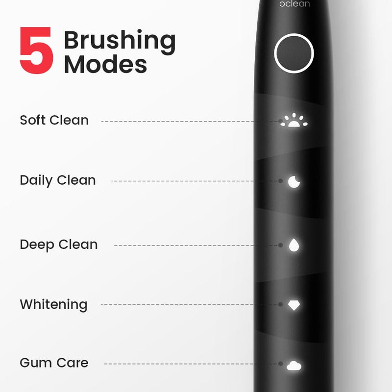 Oclean Electric Toothbrush for Adults, 150 Days Battery Life Electric Toothbrush, USB Rechargeable Sonic Travel Toothbrush with 6 Brush Heads & Travel Case, 5 Modes and Smart Timer Black