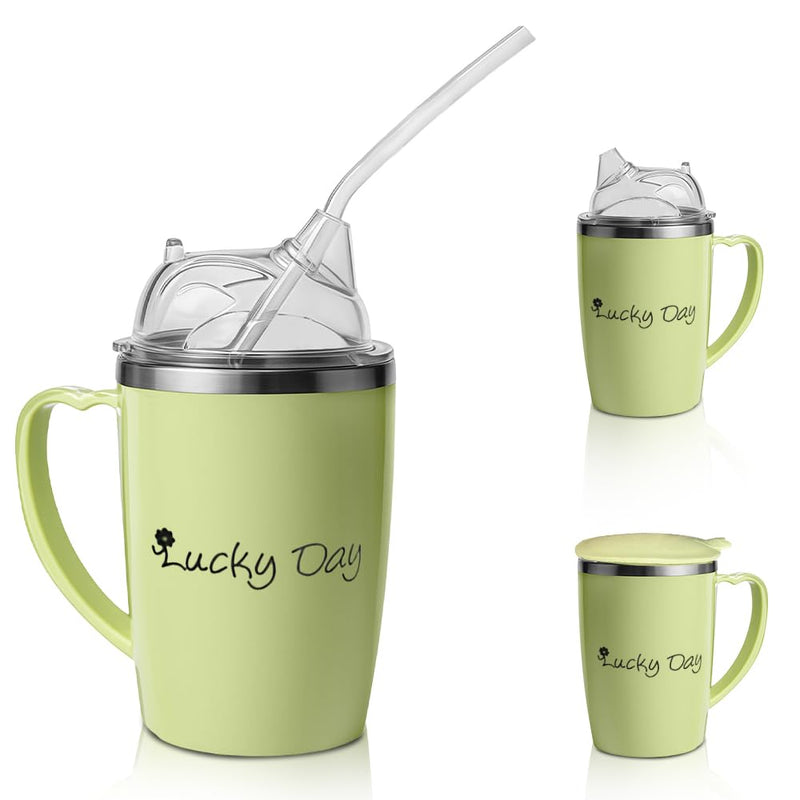 3 in 1 Beakers for Elderly 350ml, Non Spill Cups for Elderly, with 30cm Long Straw, Handle and Leakproof Lid, Adult Sippy Cups for Bedridden Seniors, Dysphagia & Disability Care Green