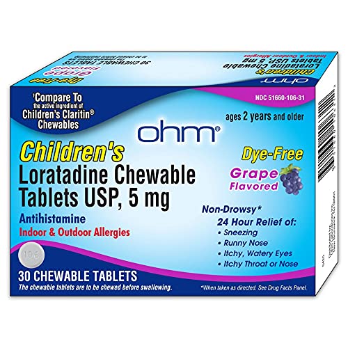 [Australia] - Ohm Children’s Chewable Tablets, Dye Free, Grape, Non-Drowsy 24h Relief of Sneezing, Runny Nose, Itchy Watery Eyes, Itchy Throat or Nose, Antihistamine, Indoor & Outdoor Allergies, 5mg, 30 Tablets 