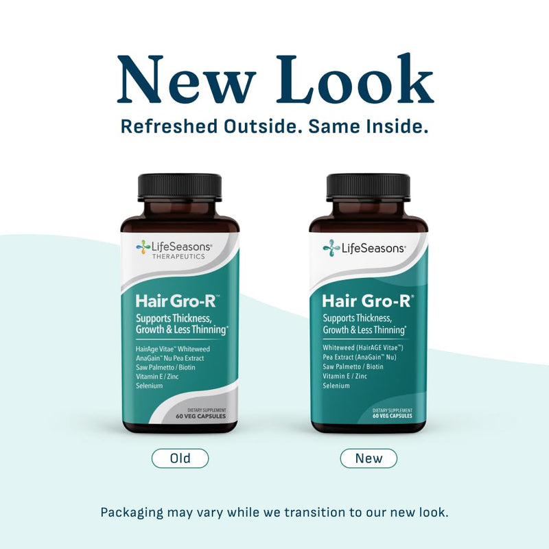 LifeSeasons Hair Gro-R - Clinically Studied Ingredients - Support Thickness Growth & Less Thinning - Reduce Hair Loss & Encourage Regrowth - Biotin Zinc Selenium & AnaGain Nu Pea Extract - 60 Capsules