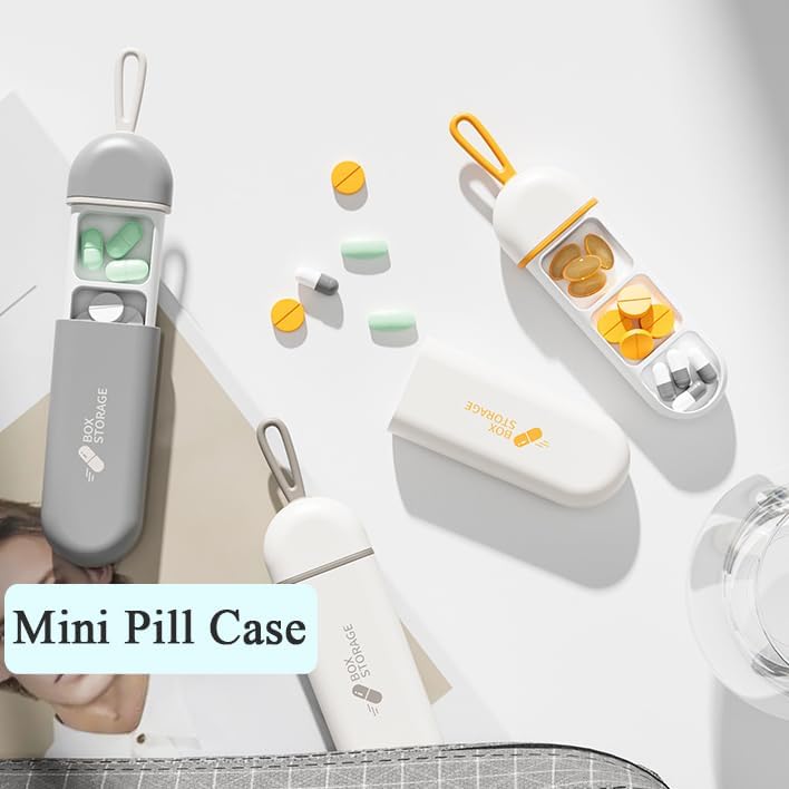 Daily Travel Pill Case, 3-Tray Medicine Planner, Vitamin Organizer | Grey Box with Holder, Small Cute Dispenser Tracker Container for Medication, Meds, Capsule, Fish Oil, Tablets, Antibiotics Lanyard-style Grey + White
