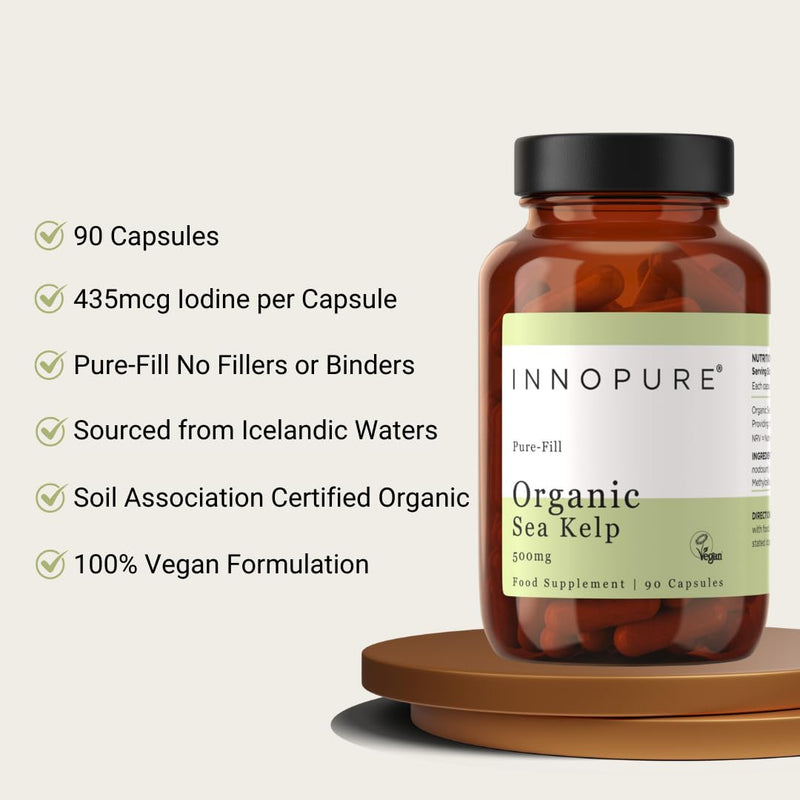 INNOPURE Organic Sea Kelp 500mg – Pure-Fill (No Fillers or Binders), 435mcg of Iodine Supplement per Capsule, Soil Association Certified, UK Made, 90 Capsules (3 Month Supply) 90 count (Pack of 1)