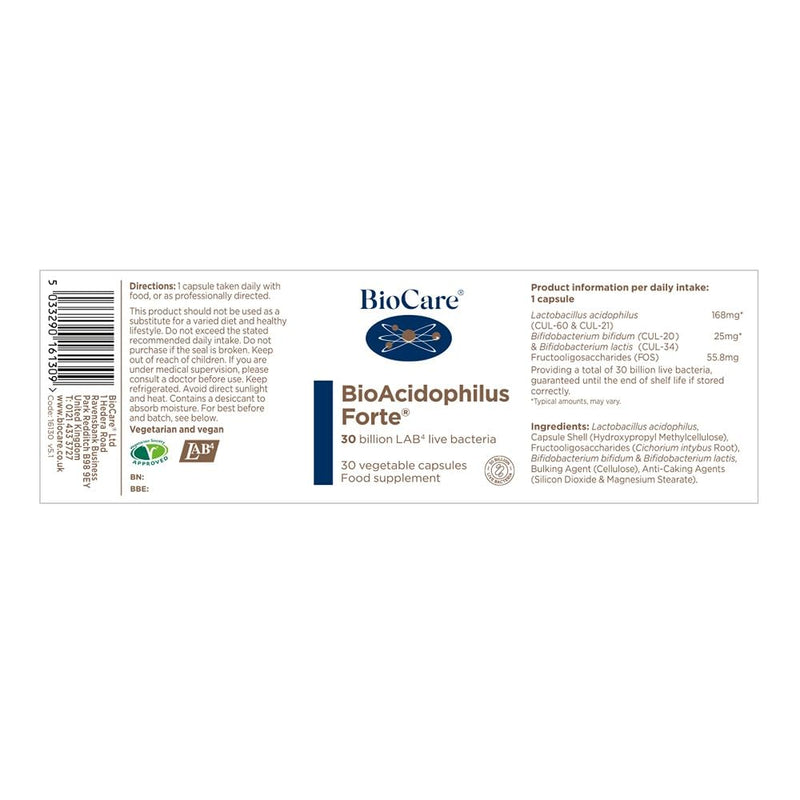 BioCare - BioAcidophilus Forte - 30 Billion LAB4 Live Bacteria - Food Supplement Suitable for Vegetarians and Vegans - 30 Capsules 30 count (Pack of 1)