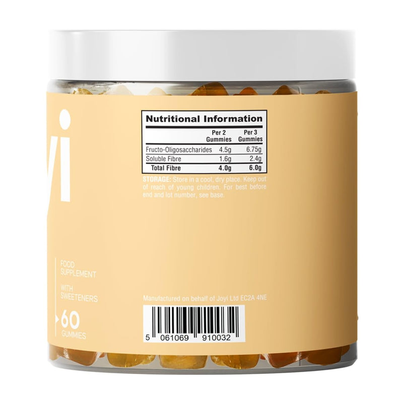 Joyi Fibre Gummies Peach Flavour - 6g Vegan High Fibre Gummies for Adults & Kids Prebiotic Inulin Fibre Supplement Non-GMO 60 count (Pack of 1)
