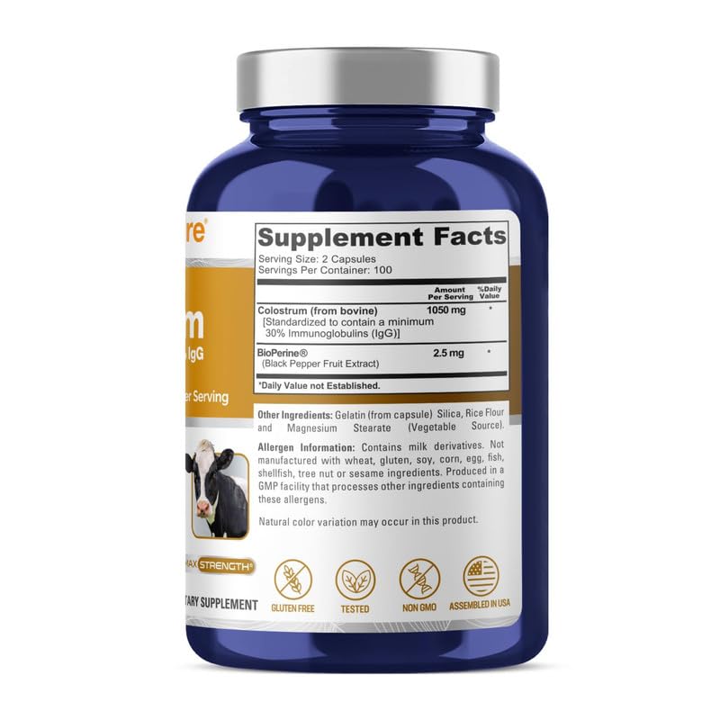 [Australia] - NusaPure Colostrum 1050mg 30% IgG 200 Capsules (Non-GMO, Gluten Free) Bioperine 