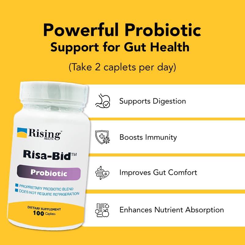 Rising Health Risa-Bid™ Probiotic Dietary Supplement Caplets - 500mg (2 Billion CFU/Serving) with Lactobacillus acidophilus | Gut Health, Digestive Support & Daily Flora Balance - 100 Caplets