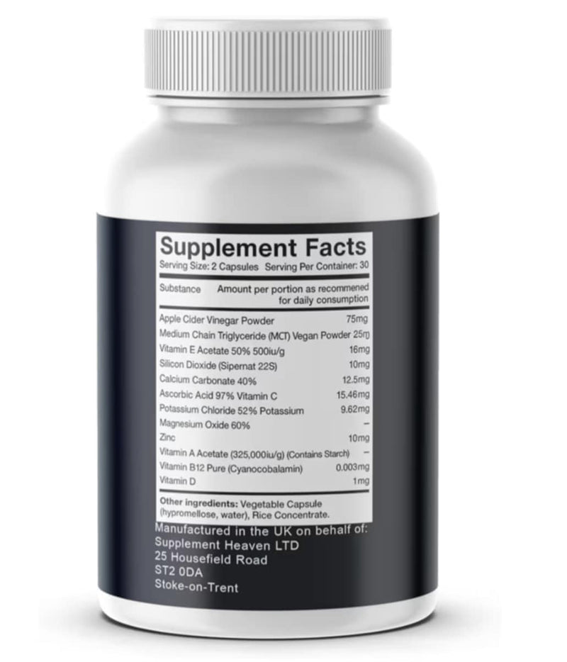Zenthia 500 Food Supplement Capsules – Apple Cider Vinegar, Green Tea, MCT Oil, Magnesium & Potassium – 60 Vegan Capsules – Made in the UK