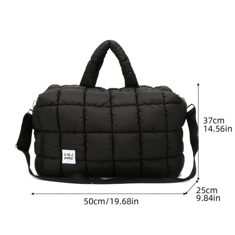 Puffer Tote Bag Quilted Duffle Bag for Women Puffy Crossbody Overnight Shoulder Handbag Large Weekender Bags Gym Travel Black