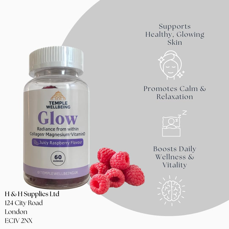 Glow Collagen Gummies | High-Strength Type 1 Hydrolysed Collagen with Magnesium & Vitamin D | Skin, Hair & Nail Support | Delicious Juicy Raspberry Flavour | 60 Chewable Gummies
