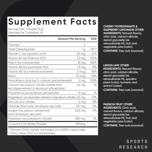 Sports Research Hydrate Electrolytes Combo Pack - Sugar-Free & Naturally Flavored with Vitamins, Minerals, and Coconut Water - Supports Hydration - 32 Packets - Passion Fruit Dominant Flavor