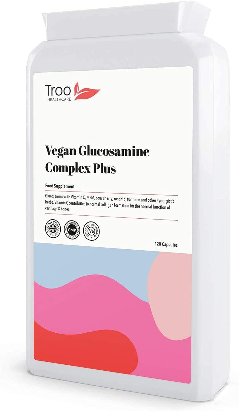 Troo Health Care Vegan Glucosamine Complex Plus 120 Capsules | Plant Based Glucosamine Supplement with MSM, Sour Cherry, Rosehip & Turmeric | UK Manufactured | Quality Guaranteed