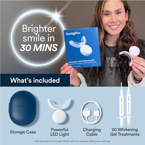 Auraglow Teeth Whitening Kit with LED Light & Extra Strength 44% Carbamide Peroxide Teeth Whitening Gel Refill, 30+ Treatments, Whiten Up to 10 Shades