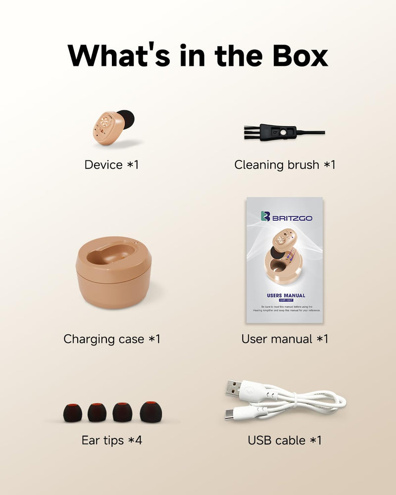 Britzgo 1607 In-Ear Rechargeable Sound Support, 35H Long-Lasting Battery, USB Fast Charge, Smart Noise Reduction, Ergonomic L-Shaped Design, Portable Charging Case (beige) 1607-Beige