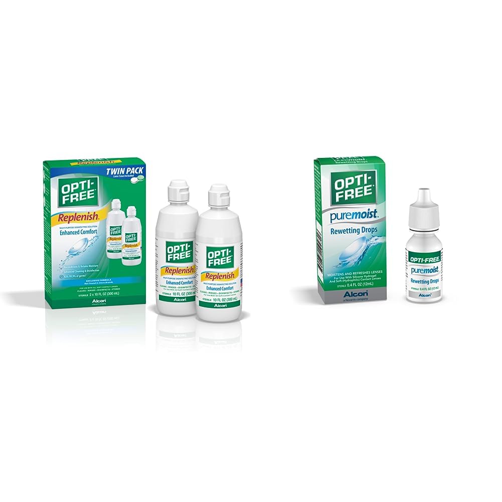 Opti-Free Replenish Multi-Purpose Disinfecting Solution with Lens Case Twin Pack (2 Count) and Opti-Free Puremoist Rewetting Drops