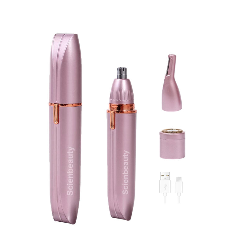 [Australia] - Scienbeauty Nose Ear Hair Trimmer Facial & Eyebrow Hair Remover for Women, 3 in 1 USB Rechargeable Painless Hair Removal Kit with 3 Replaceable Rinseable Grooming Heads Rose Gold 
