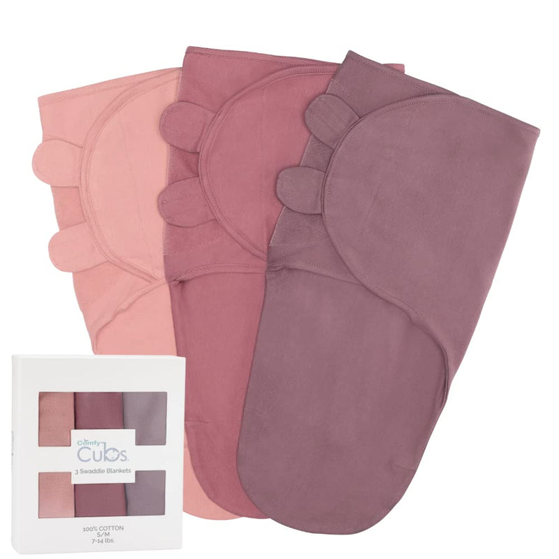 Comfy Cubs Swaddle Blanket Baby Girl Boy Easy Adjustable 3 Pack Infant Sleep Sack Wrap Newborn Babies (Small 0-3 Months, Blush, Mauve, Mulberry) Small (0-3 Month) Blush, Mauve & Mulberry