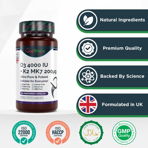 Best Immune Natural Vitamin D3 2000IU K2 MK7 100mcg Premium Quality 100 Capsules Immune Support Perfect Proportions Maximum Absorption