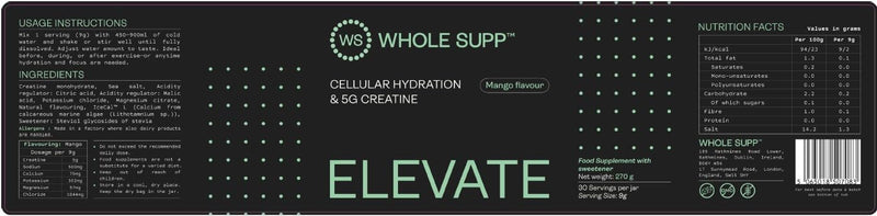 Elevate Creatine Powder with Electrolytes - Mango Flavour – 5g Pure Monohydrate Formula to Boost Energy, Sharpen Focus & Enhance Recovery – 30 Servings (270g) Intra & Post Workout Drink