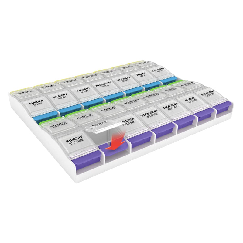 Ezy Dose Weekly (7-Day) Pill Case, Medicine Planner, Vitamin Organizer Box, 3X-Large Push Button Compartments, 4 Times a Day, Clear Lids, BPA Free