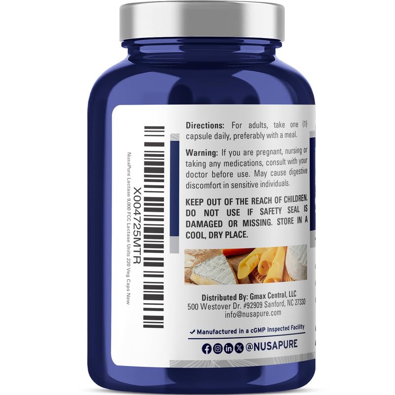[Australia] - NusaPure Lactase Enzyme 9000 FCC, Lactase Unit, Suitable for Vegetarians/Vegan, Non-GMO, 220 Veg Capsules 