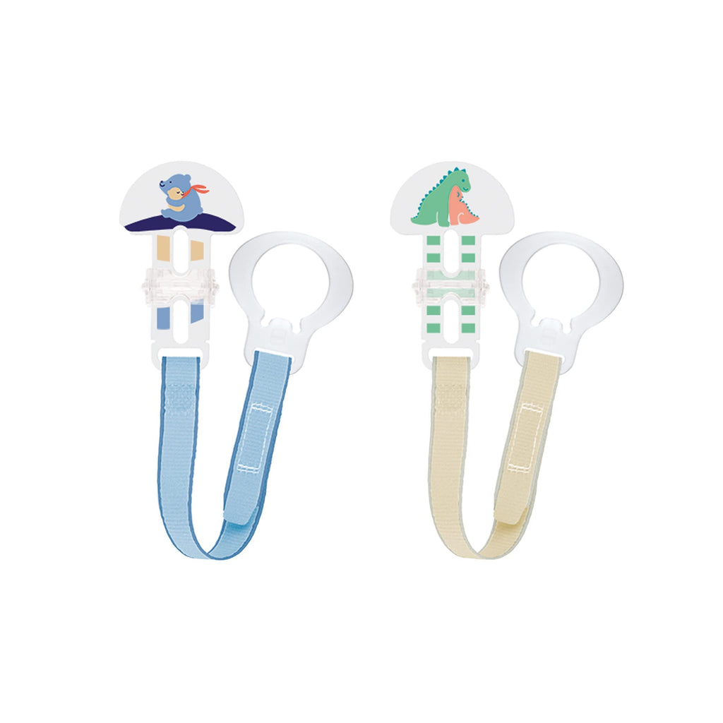 MAM 2 Clips for Pacifiers With Fasteners and Flexible Rings for Boys, Designs May Vary 2 Pack Boy