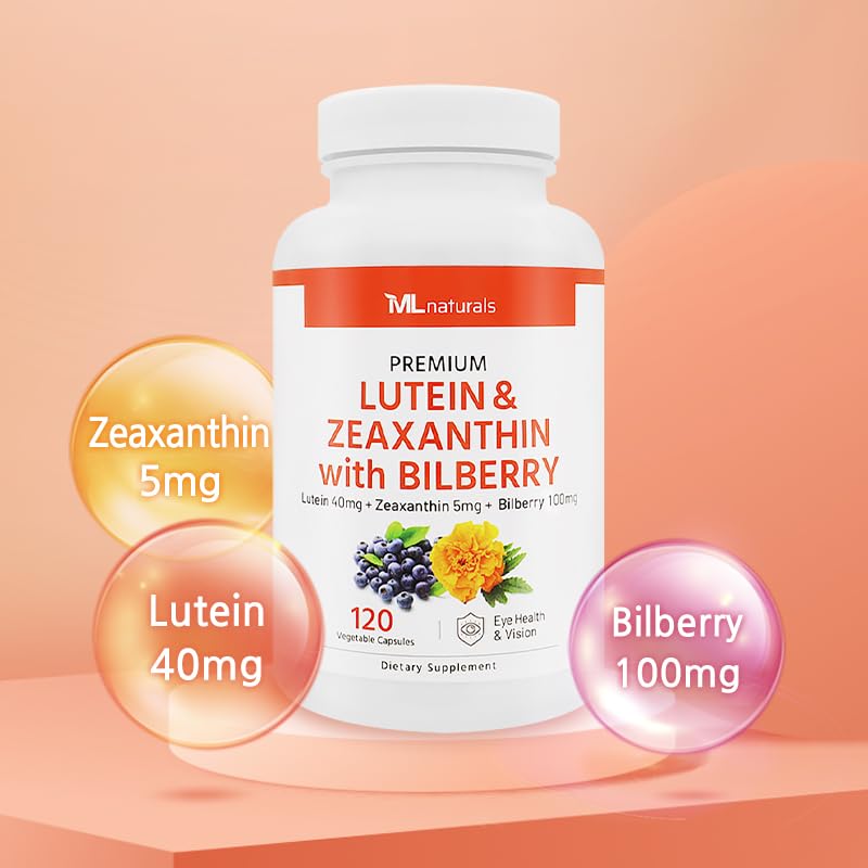 [Australia] - ML Naturals Premium Lutein & Zeaxanthin with Bilberry 120 Vegetable Capsules. Lutein 40 mg, Zeaxanthin 5 mg, and Bilberry 100 mg. Premium Quality. Healthy Eyes & Vision, NSF-Certified & cGMP-Compliant 120 Count (Pack of 1) 