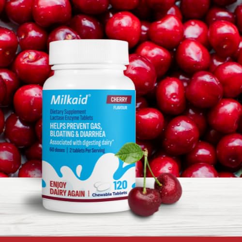 [Australia] - Milkaid Lactase Enzyme Chewable Tablets for Lactose Intolerance Relief | Prevents Gas, Bloating & Diarrhea | Fast Acting Dairy Digestive Supplement (120 Tablets, Cherry) 120 Count (Pack of 1) 