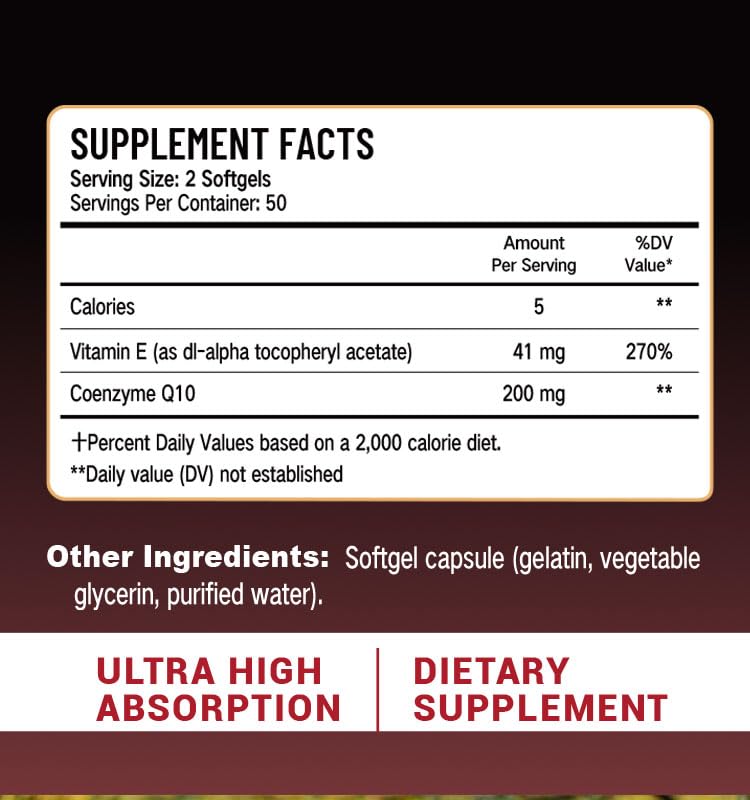 CoQ10 200mg Softgels with Vitamin E, Heart & Energy, 100 Count | High absorption Coenzyme Q10 with vitamin E for heart health, cellular energy and antioxidant support, 100 softgels