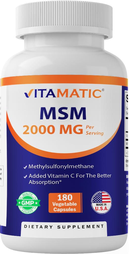 [Australia] - Vitamatic MSM 2000 mg with Vitamin C 75mg per Serving - 180 Veg Capsules - Vitamin C Aid in Better absopriton of MSM (Methylsulfonylmethane) - Non-GMO & Gluten Free 180 Count (Pack of 1) 
