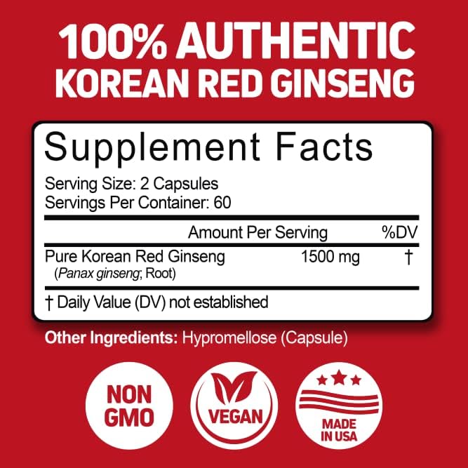 [Australia] - Herbtonics Korean Red Panax Ginseng 1500mg - High Potency Ginseng for Energy, Performance & Immune Support for Men & Women - Ginseng Root Extract Powder Supplement for Focus and Vitality -120 Capsules 120 Count (Pack of 1) 