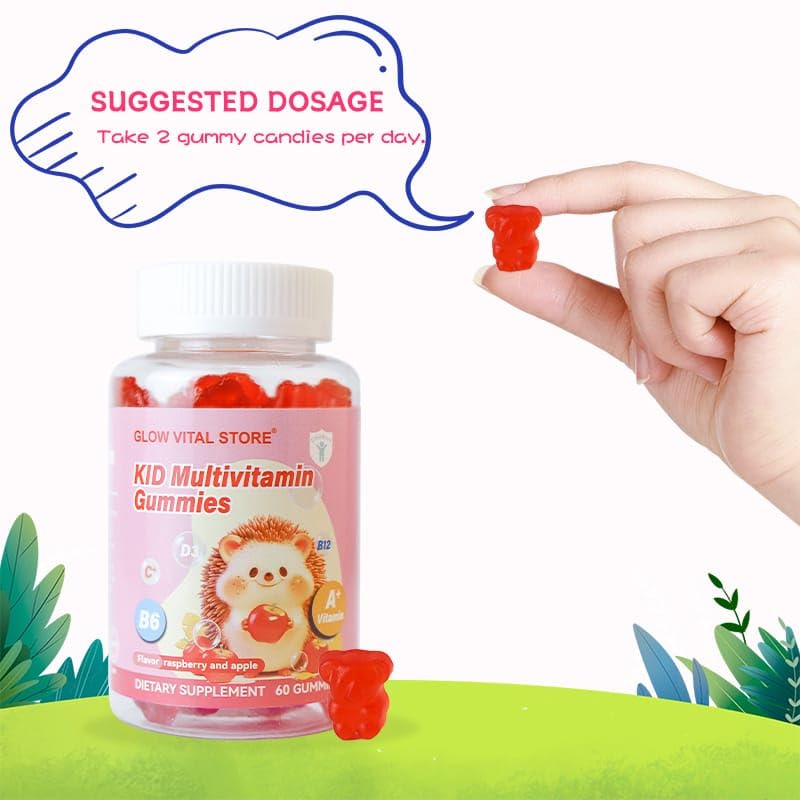 Kids Multivitamin Gummies – Vitamins A, C, D3, B6, B12 for Immune & Brain Support – Raspberry & Apple Flavor – Vegan, Non-GMO, Gluten-Free – 60 Gummies – Glow Vital Store (1) 1