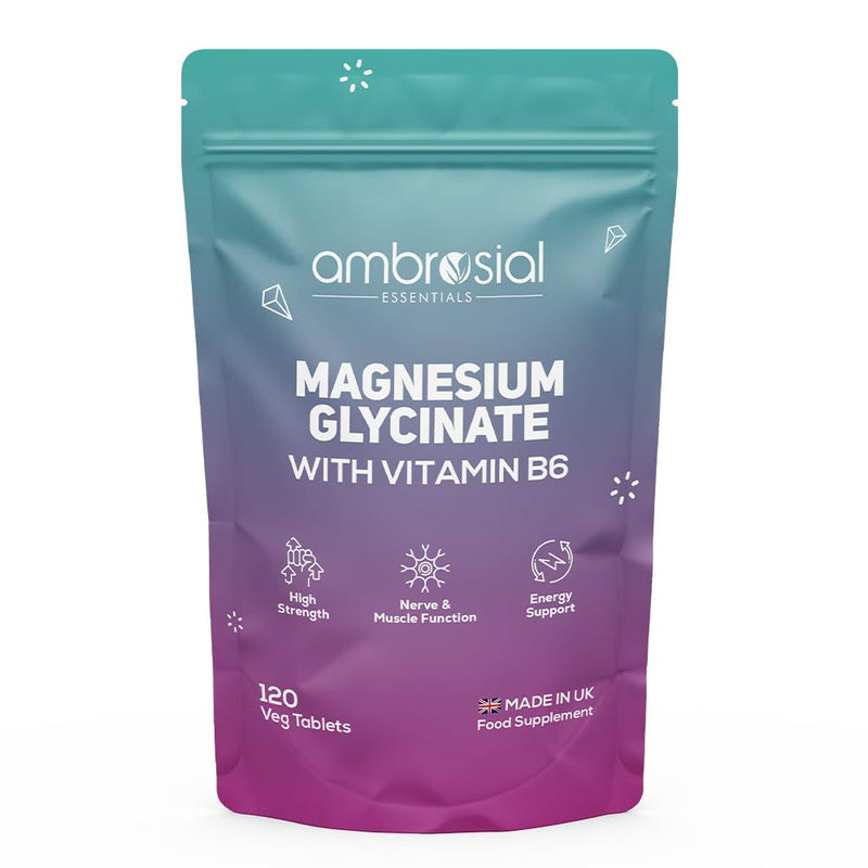 Ambrosial Magnesium Glycinate 1500 mg with Vitamin B6 – High Absorption Supplement - 315 mg Elemental Magnesium with B6 – Daily Mineral Support – UK Made, Vegan, GMP Certified – 120 Tablets